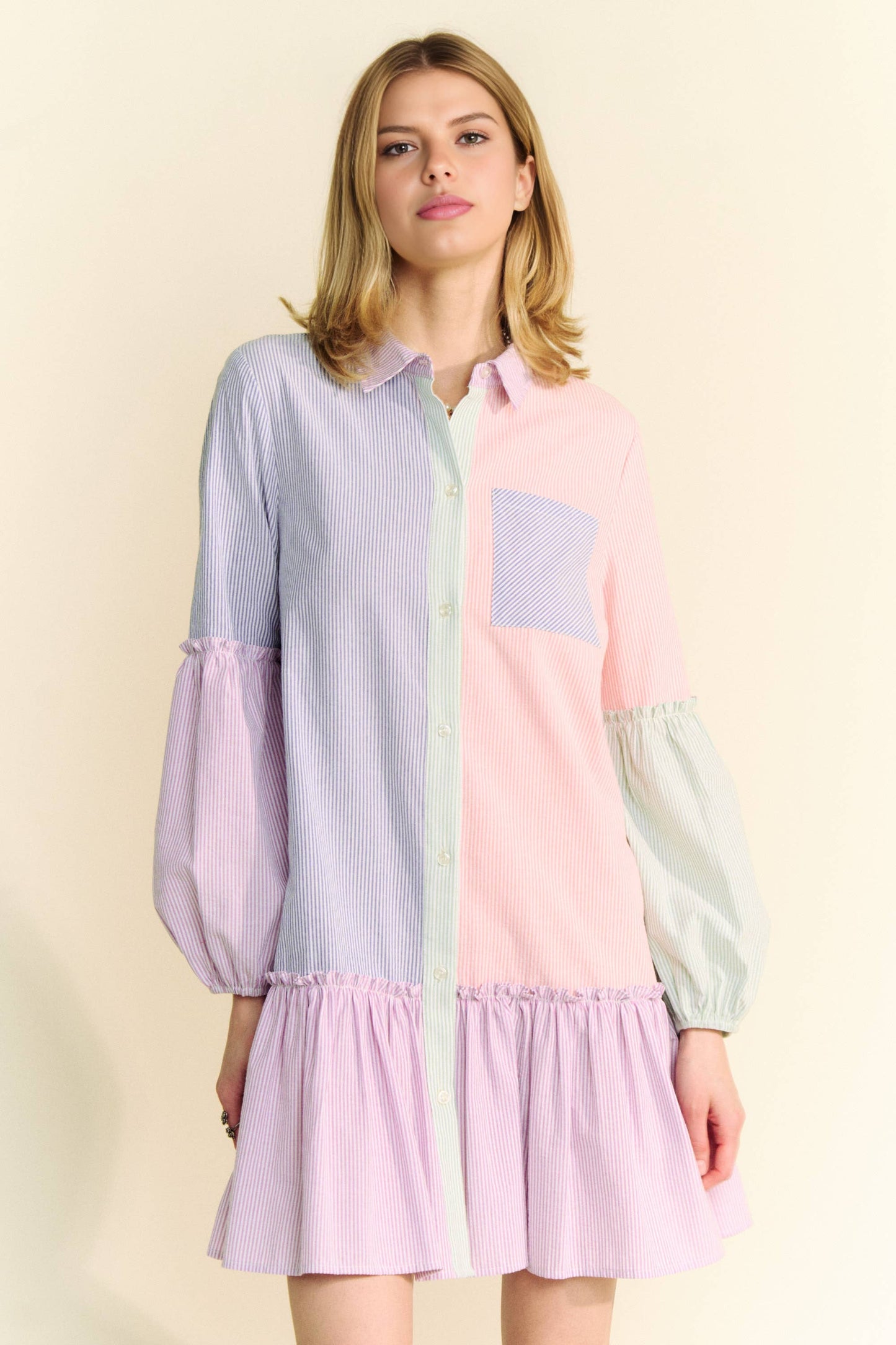 MULTI STRIPE COLOR BLOCK SHIRT DRESS