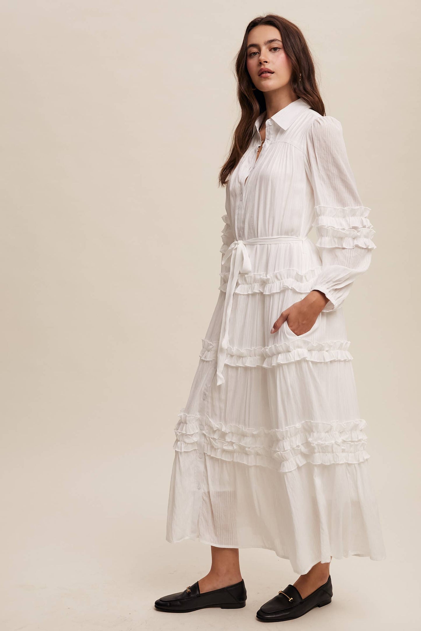 Ruffled Belted Maxi Shirt Dress