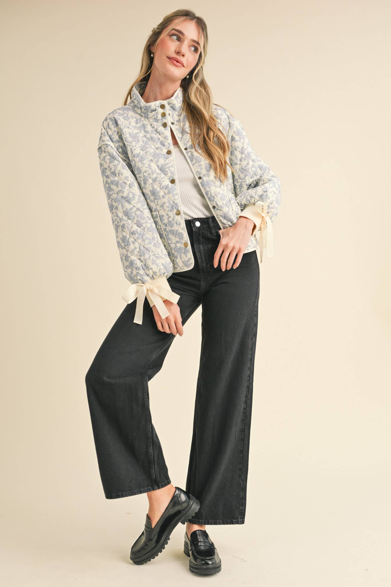 FLORAL QUILTED JACKET WITH RIBBON DETAIL