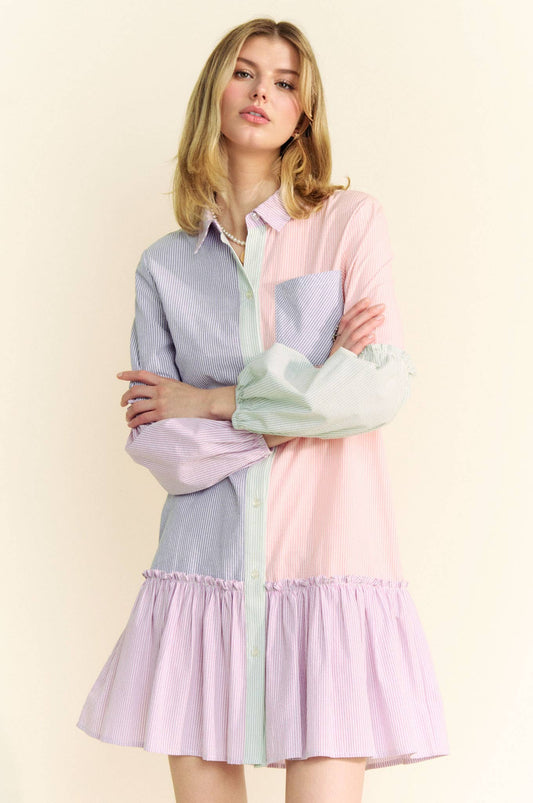 MULTI STRIPE COLOR BLOCK SHIRT DRESS