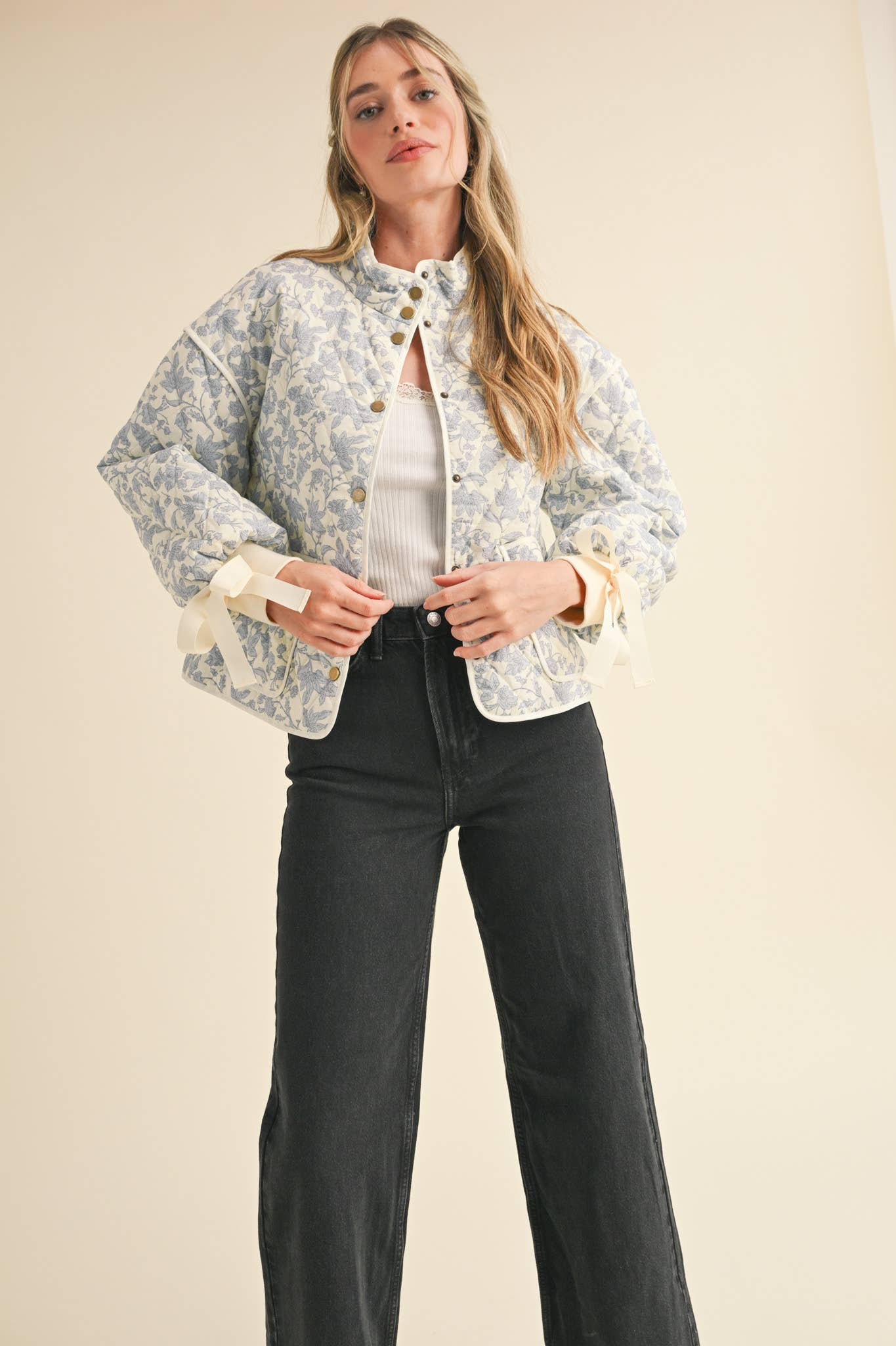 FLORAL QUILTED JACKET WITH RIBBON DETAIL