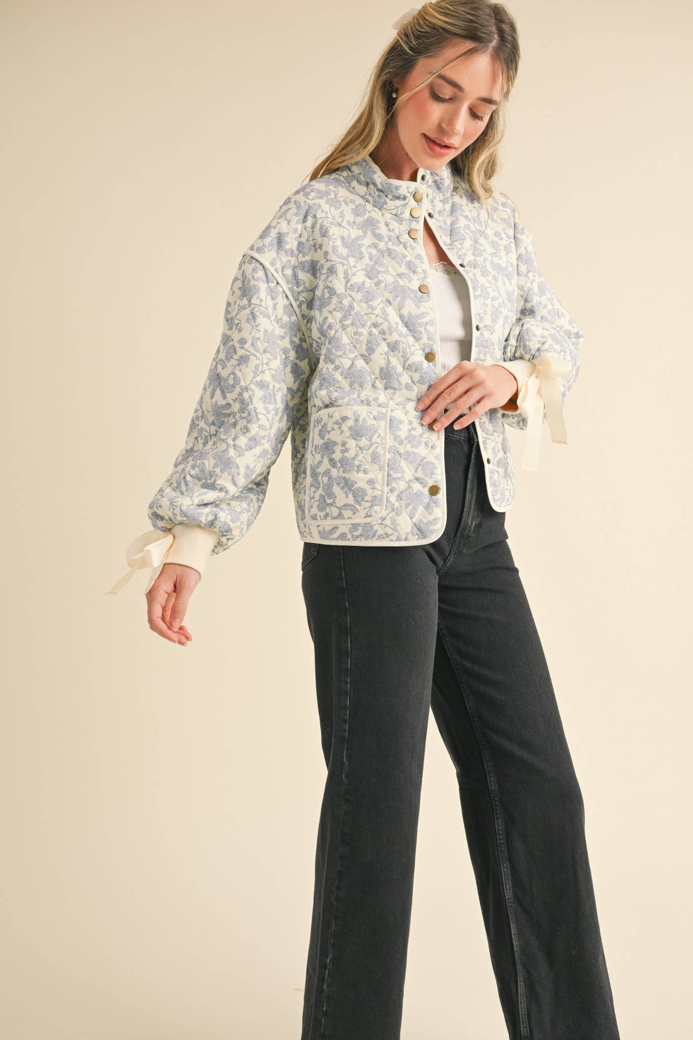 FLORAL QUILTED JACKET WITH RIBBON DETAIL