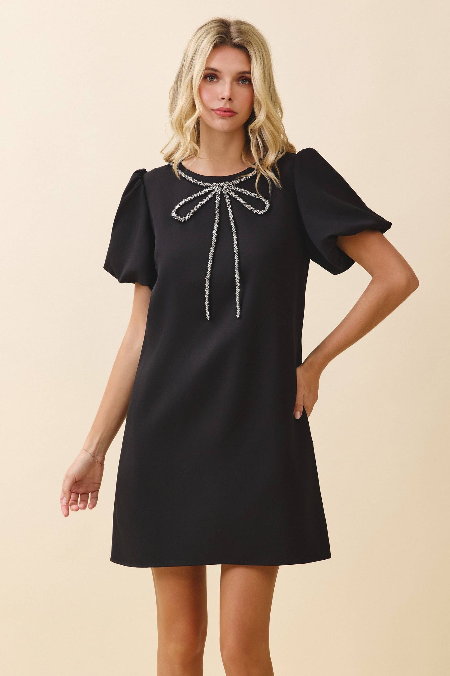 Sparkling Crystal Bow Trim A Line Mini Dress