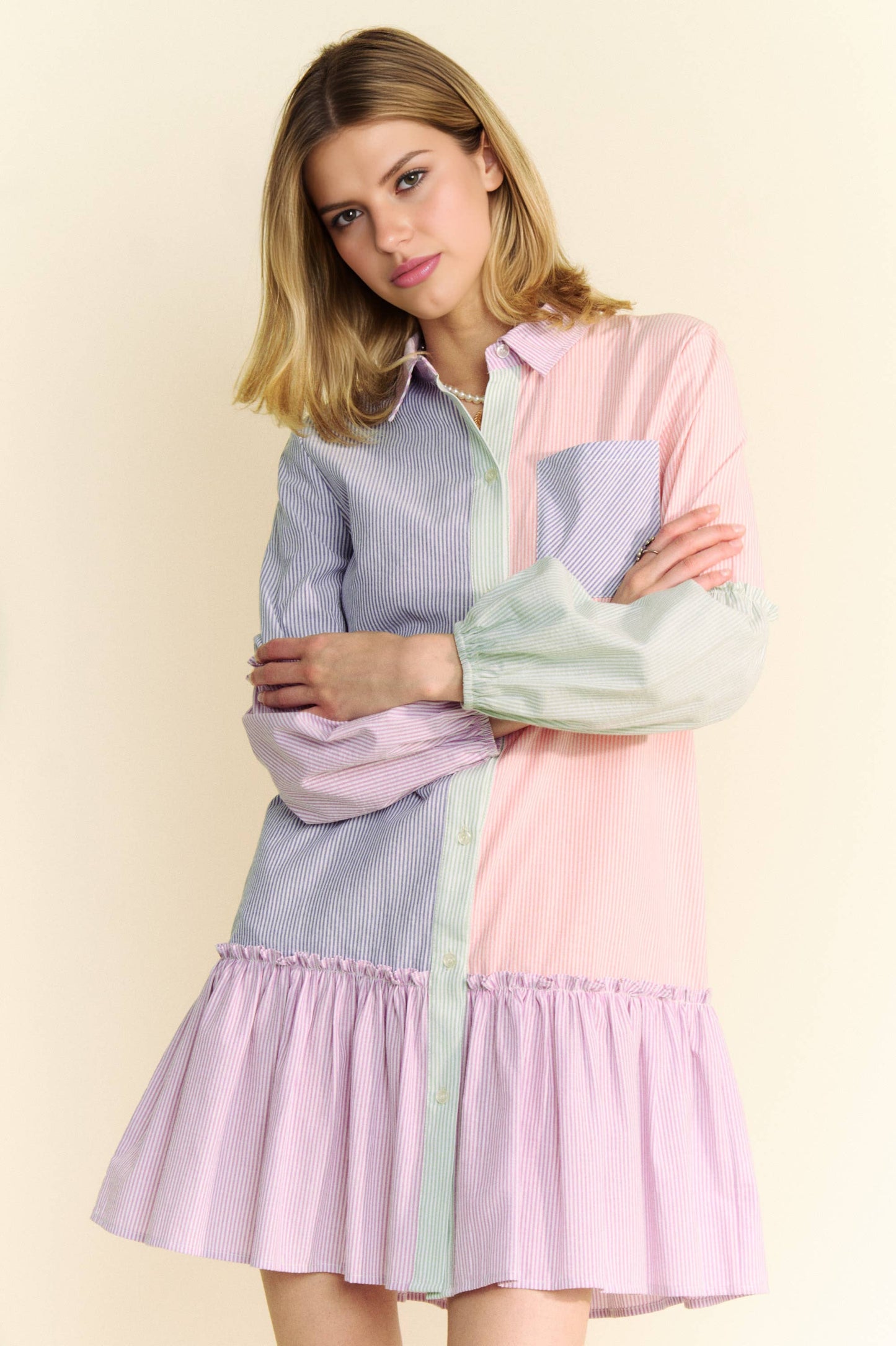 MULTI STRIPE COLOR BLOCK SHIRT DRESS
