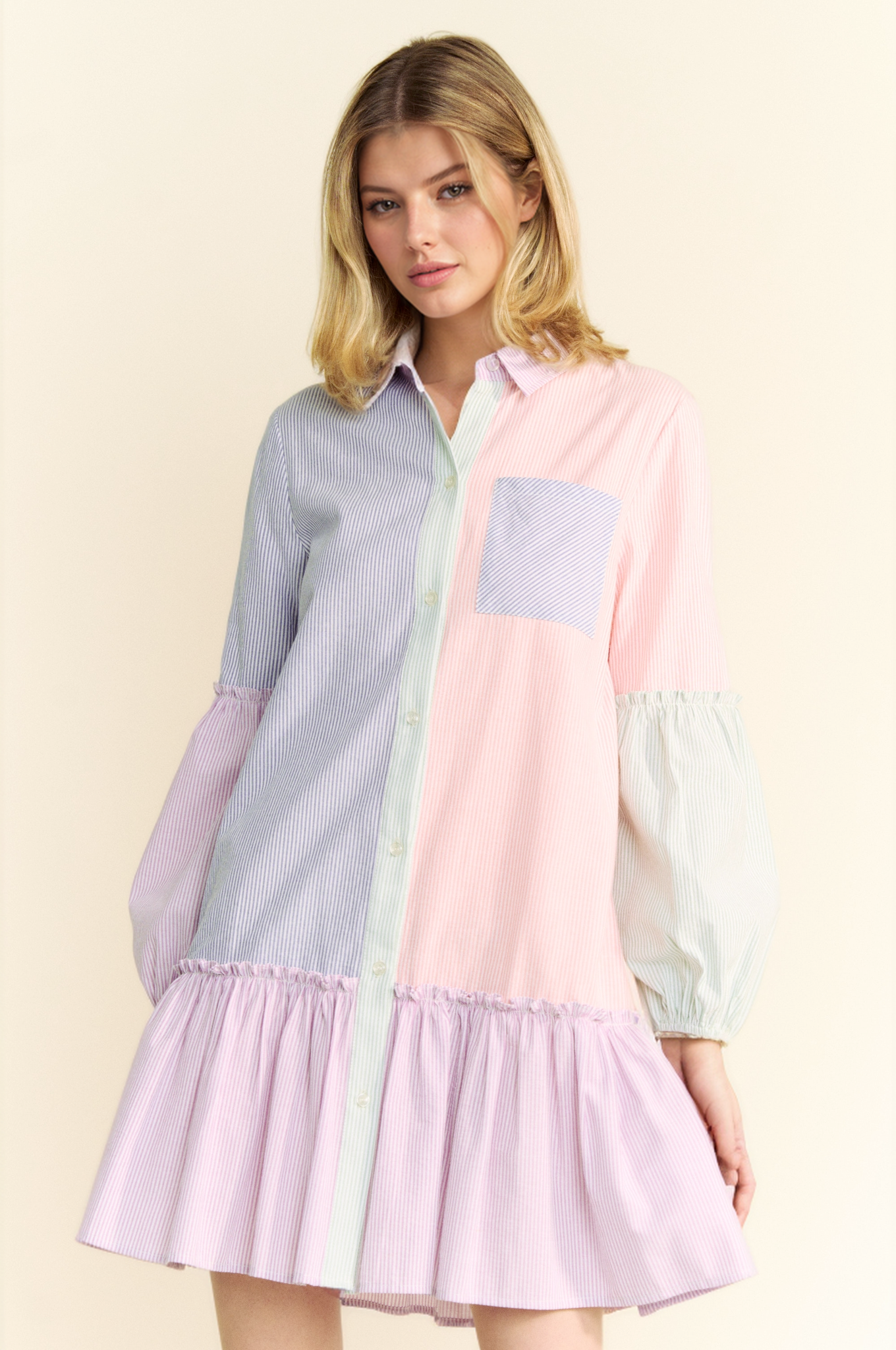MULTI STRIPE COLOR BLOCK SHIRT DRESS