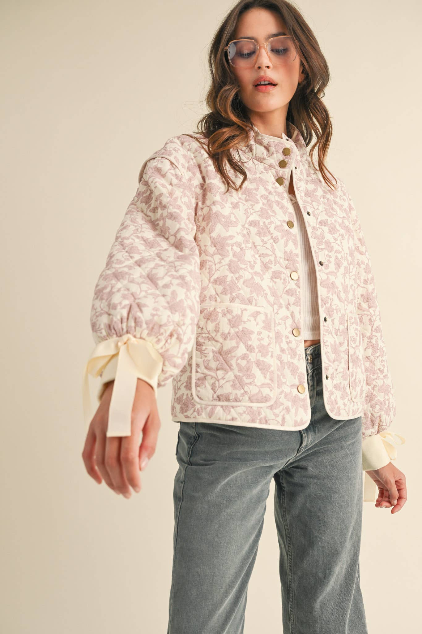 FLORAL QUILTED JACKET WITH RIBBON DETAIL