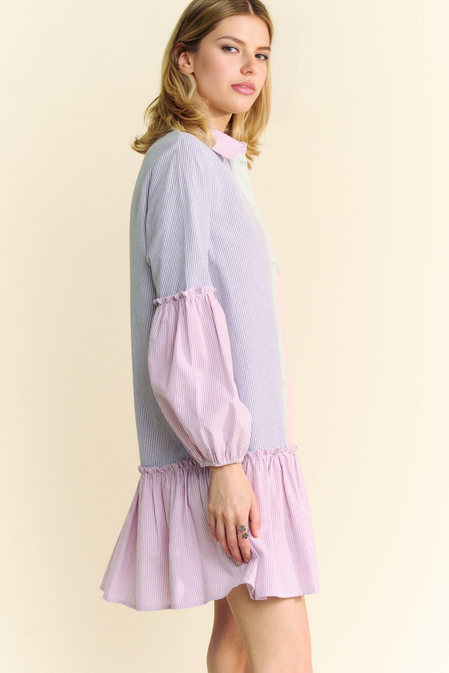 MULTI STRIPE COLOR BLOCK SHIRT DRESS