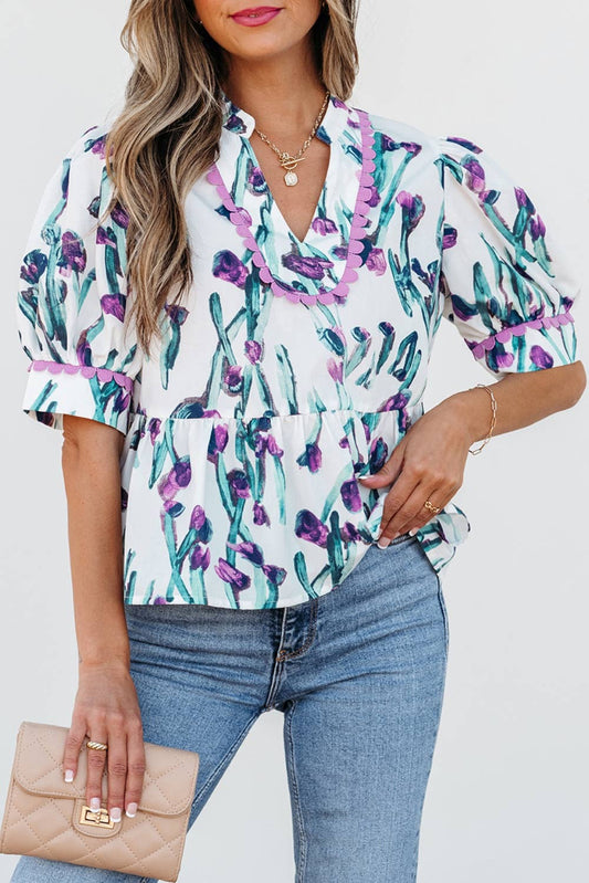 Floral Ricrac Trim Peplum Top