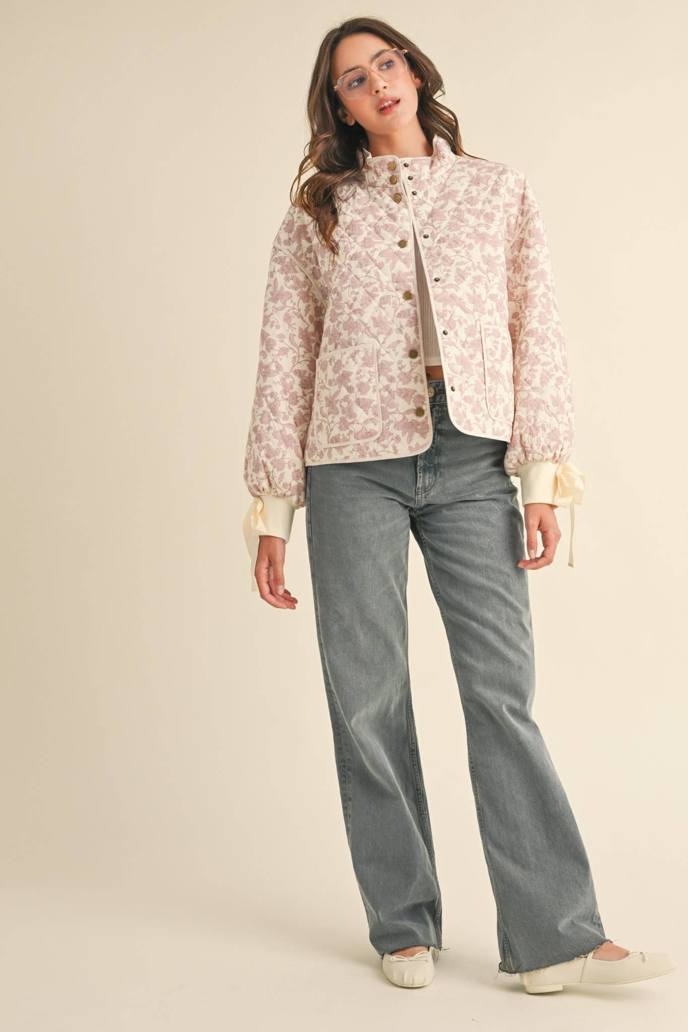FLORAL QUILTED JACKET WITH RIBBON DETAIL