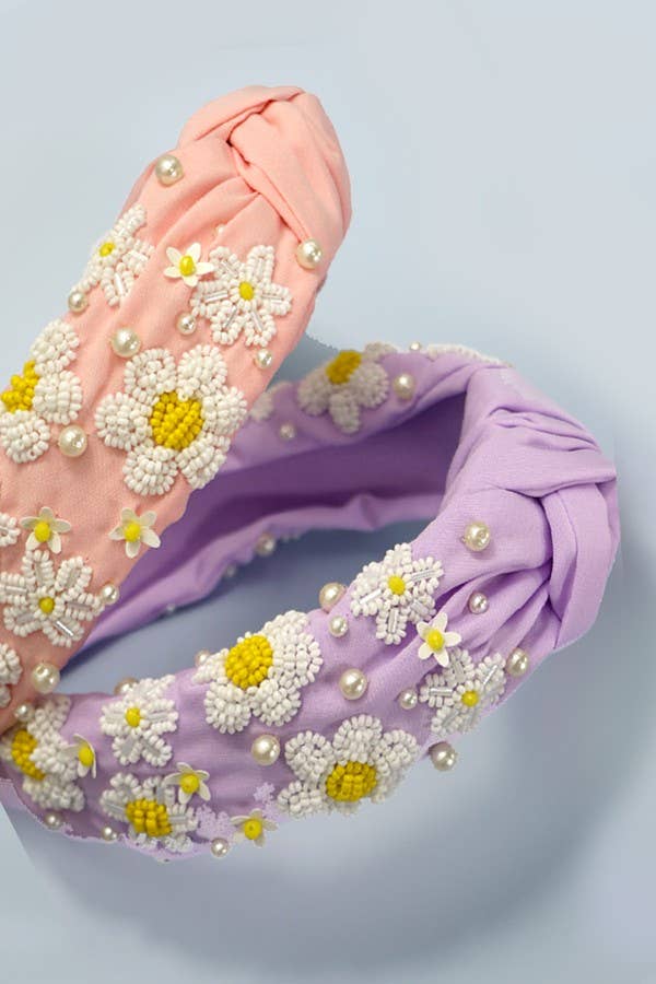 SEED BEAD DAISY FLOWER KNOTTED HEADBAND | 91HB5296