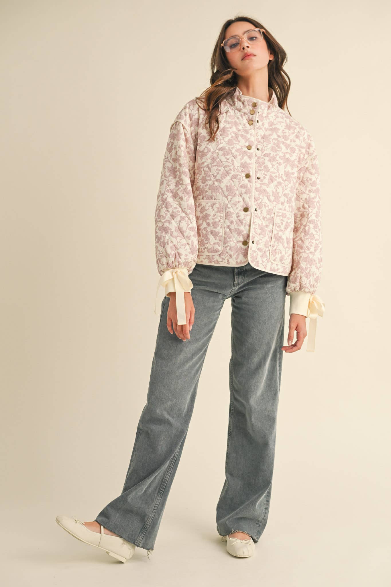 FLORAL QUILTED JACKET WITH RIBBON DETAIL