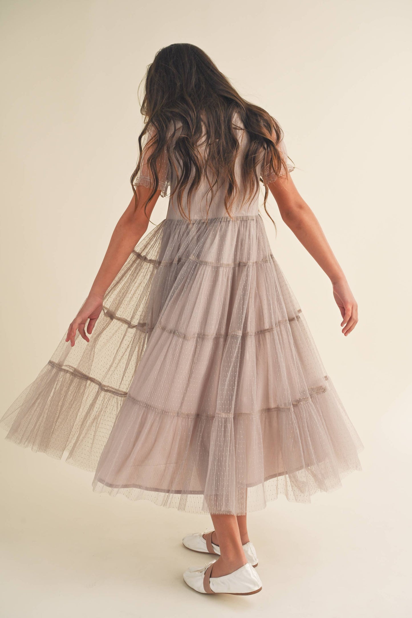 TWEEN GIRLS KIDS PUFF SLV TIERED MESH MIDI DRESS (7-12)