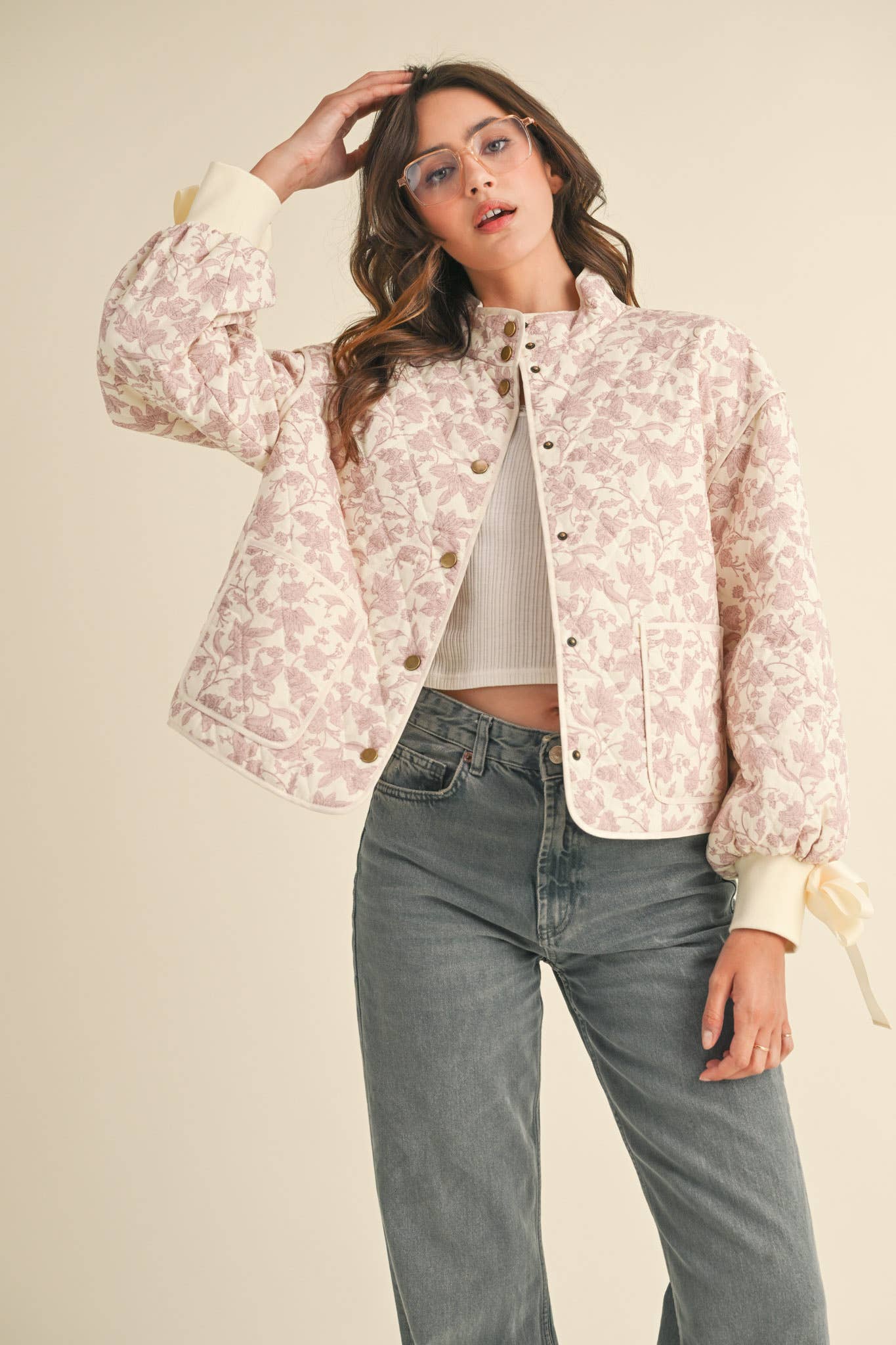 FLORAL QUILTED JACKET WITH RIBBON DETAIL