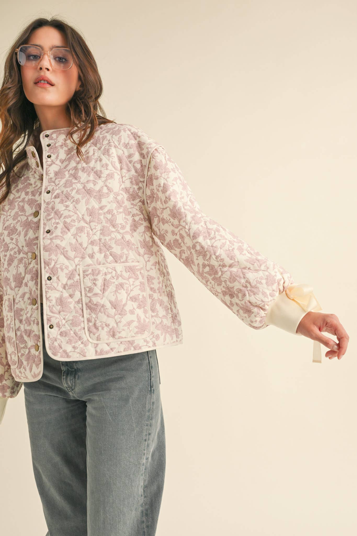 FLORAL QUILTED JACKET WITH RIBBON DETAIL