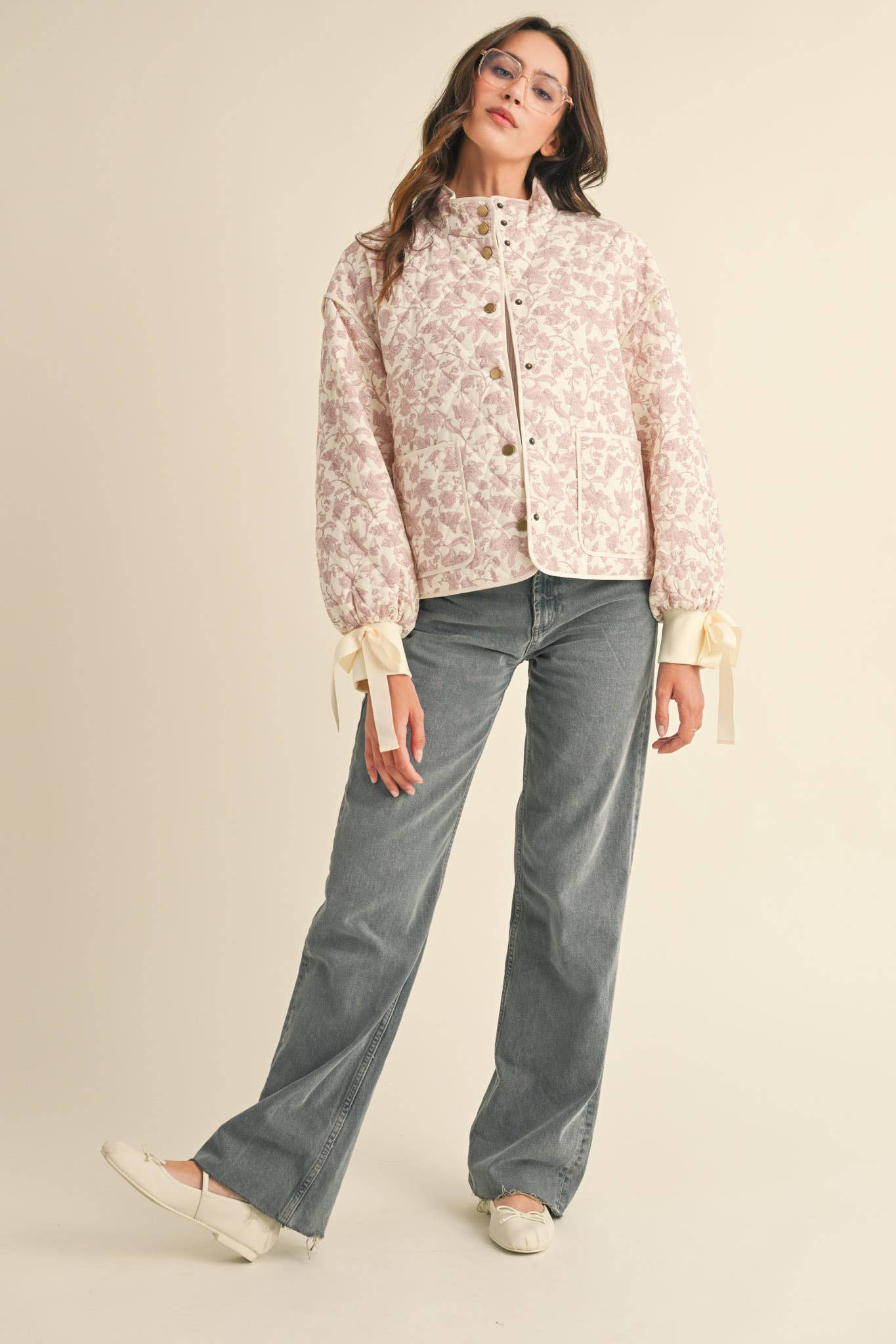 FLORAL QUILTED JACKET WITH RIBBON DETAIL