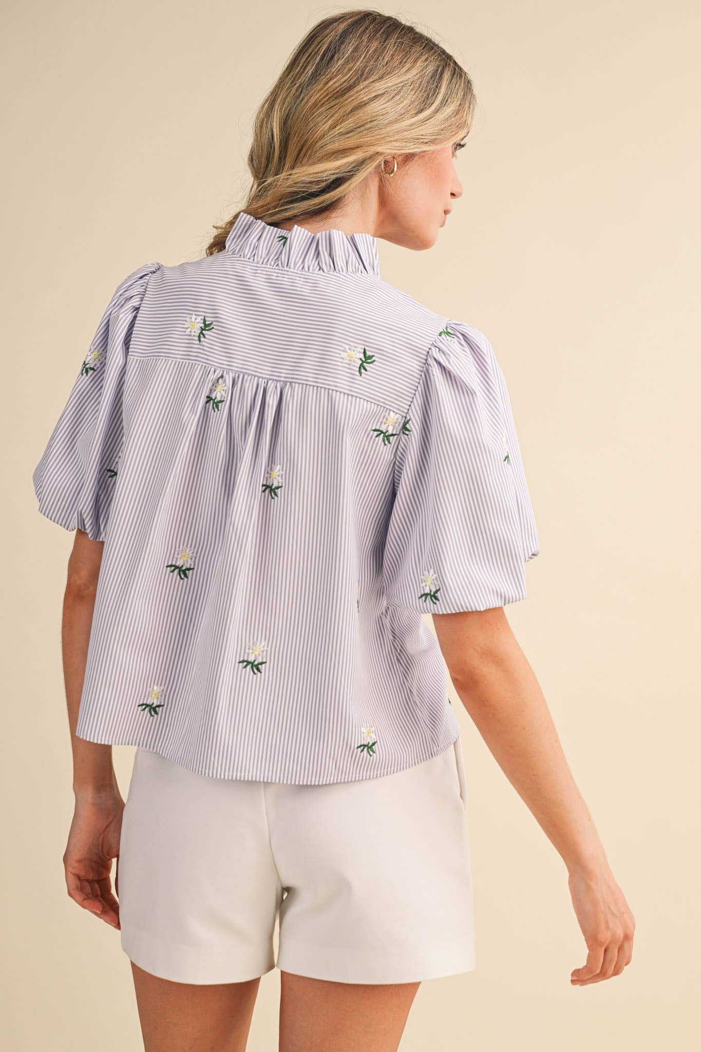 FLORAL EMBROIDERY STRIPED RUFFLED TOP