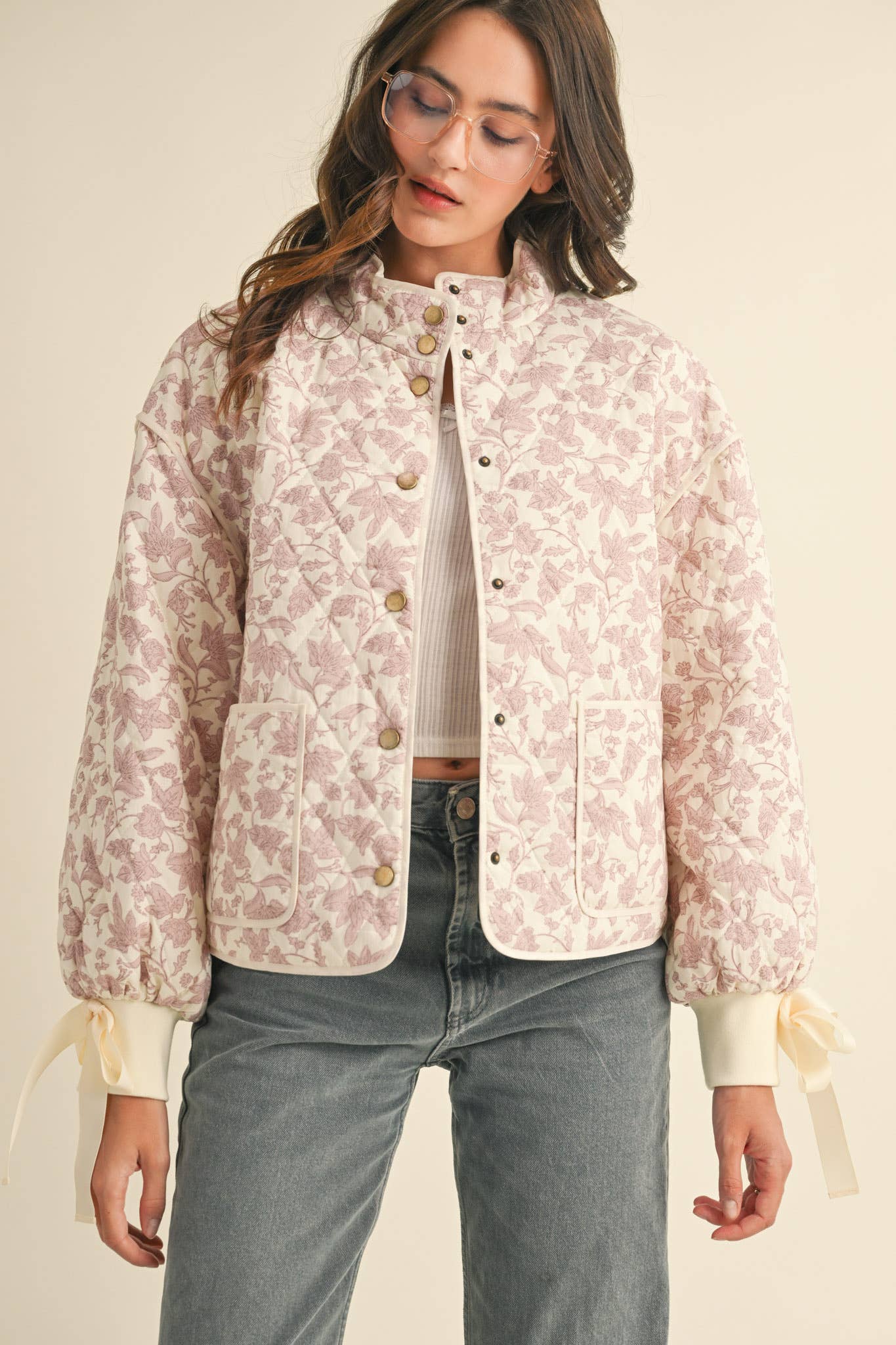 FLORAL QUILTED JACKET WITH RIBBON DETAIL