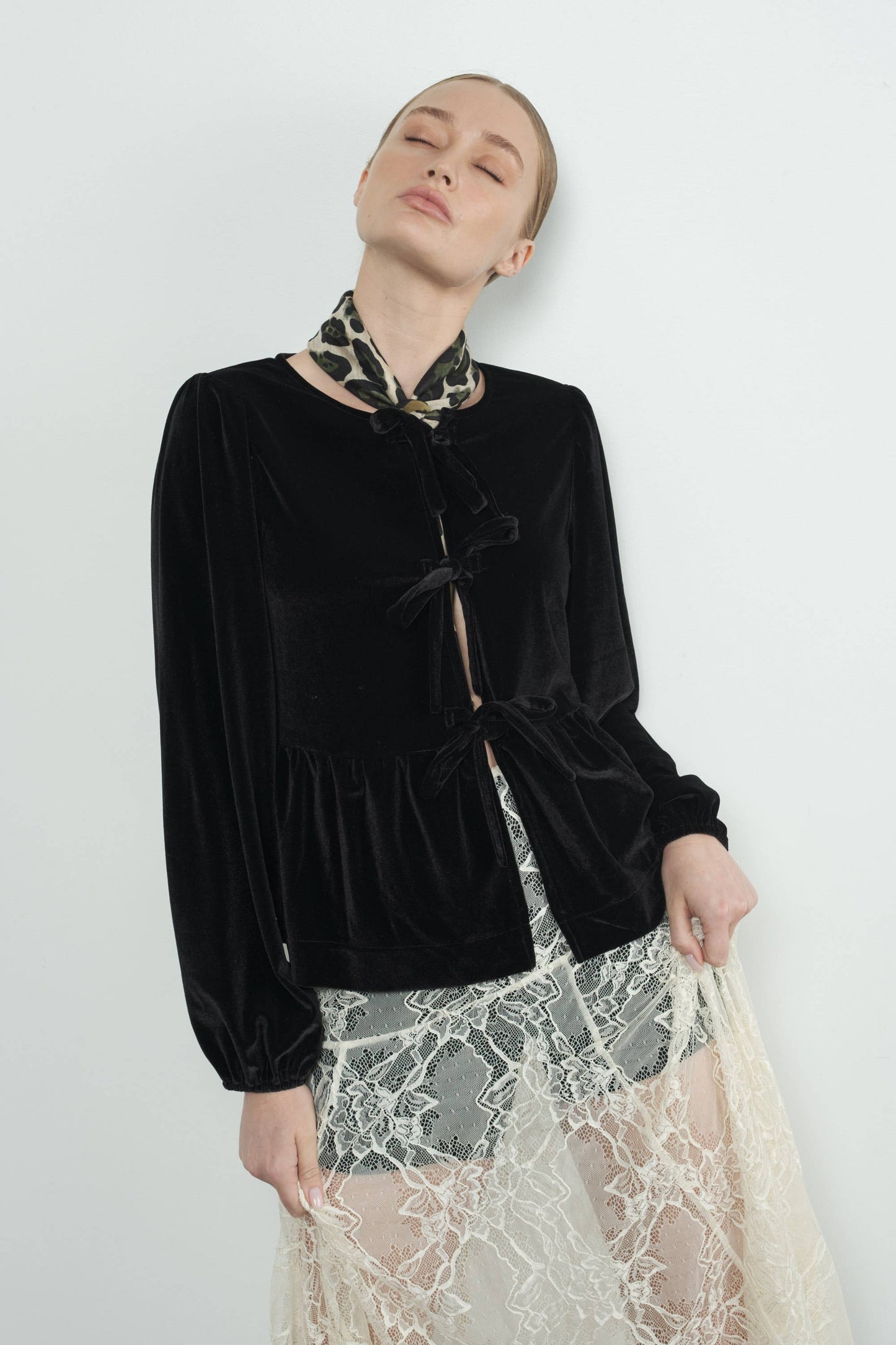 VELVET BOW TIE PEPLUM BLOUSE