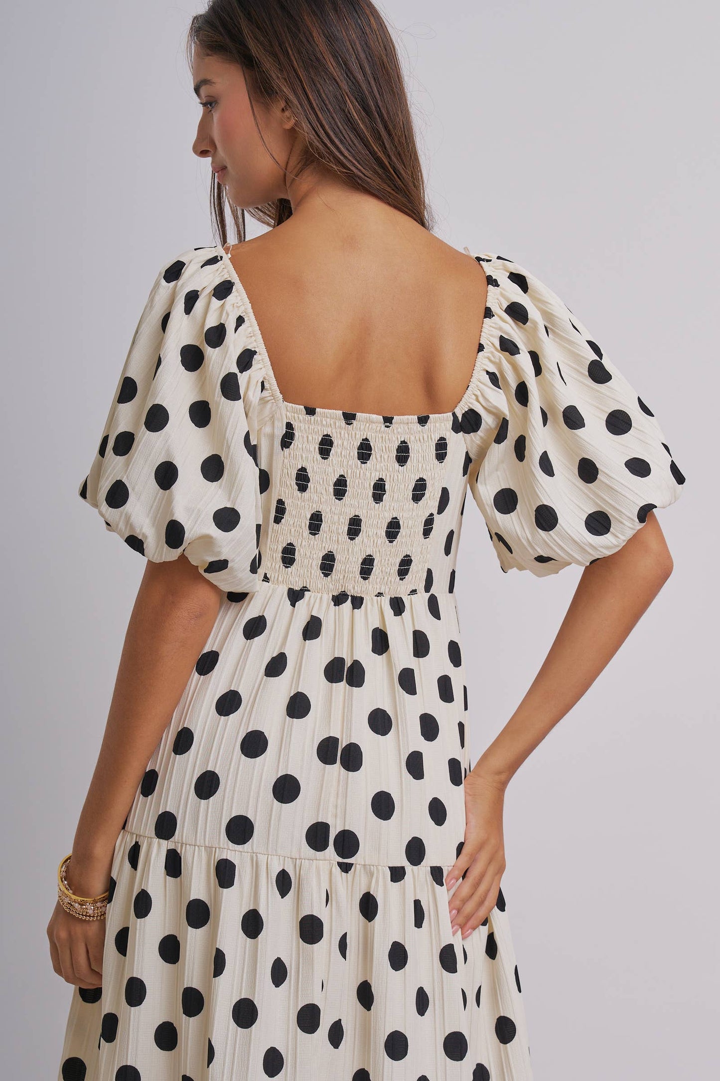 Textured Polka Dot Tie-Front Puff Sleeve Maxi Dress