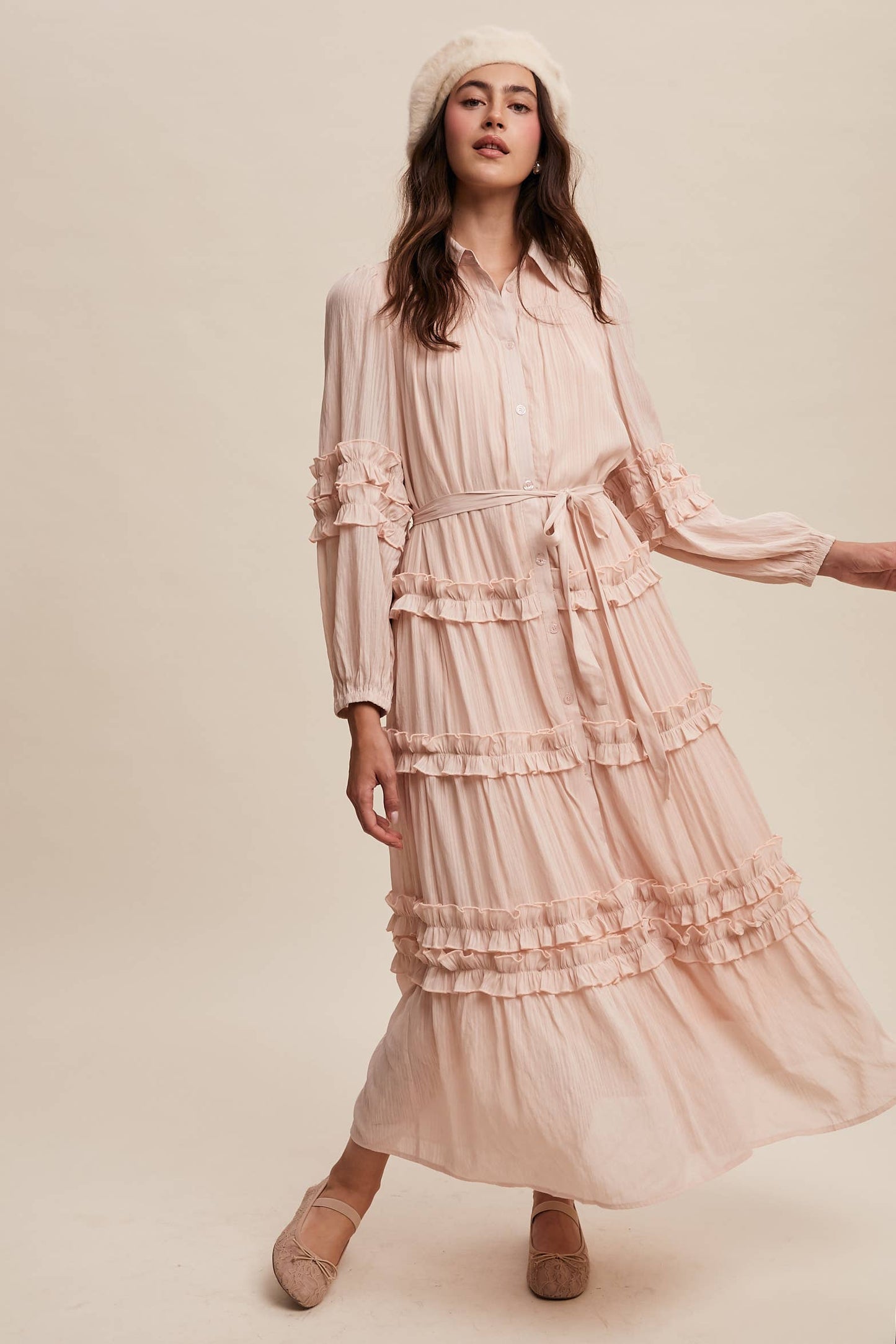 Ruffled Belted Maxi Shirt Dress