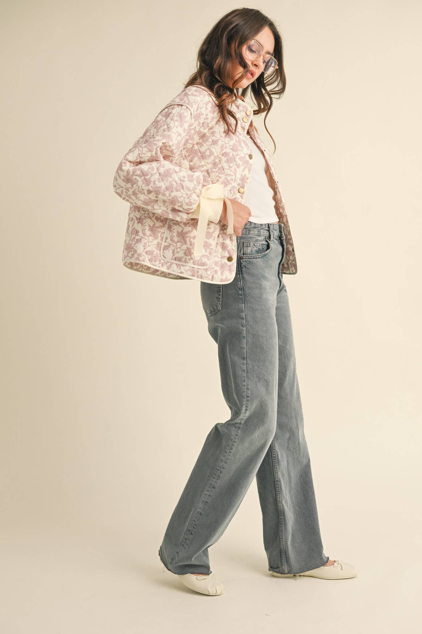 FLORAL QUILTED JACKET WITH RIBBON DETAIL