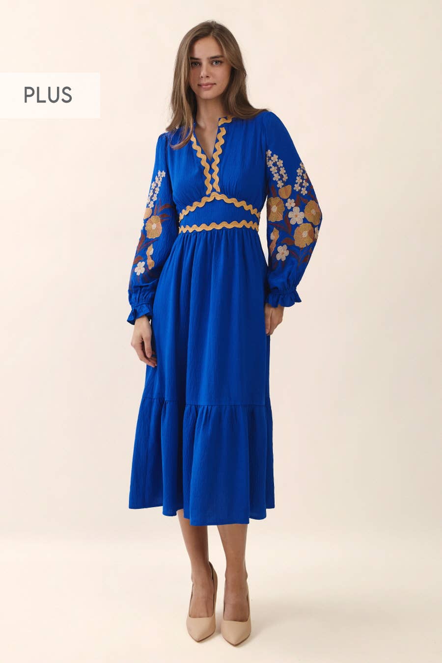 Plus Embroidered Tiered Midi Dress