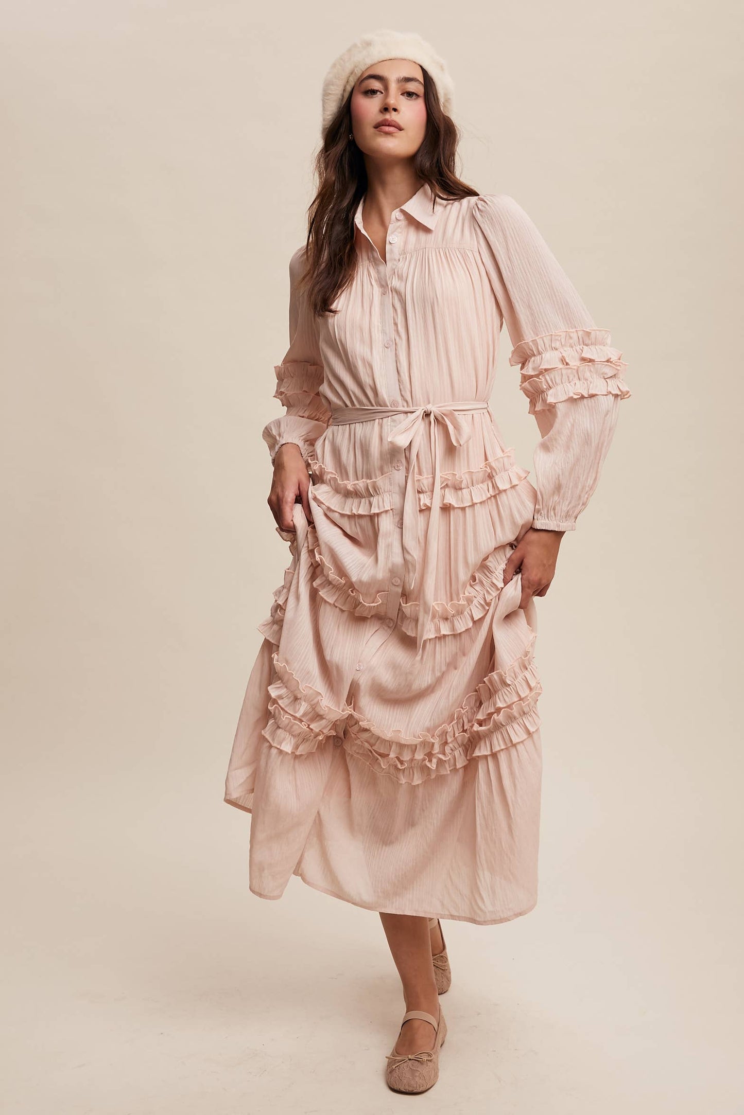 Ruffled Belted Maxi Shirt Dress