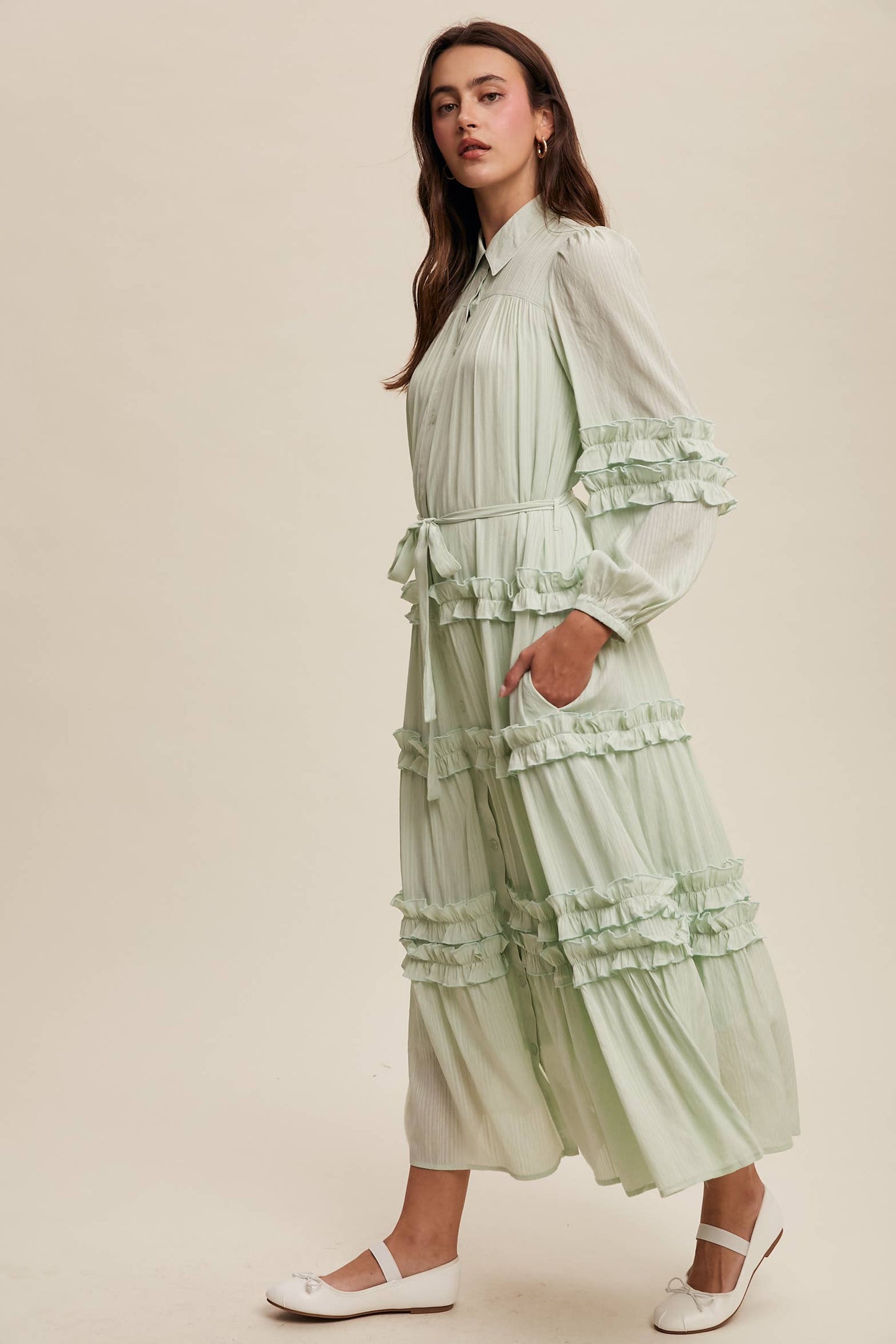 Ruffled Belted Maxi Shirt Dress