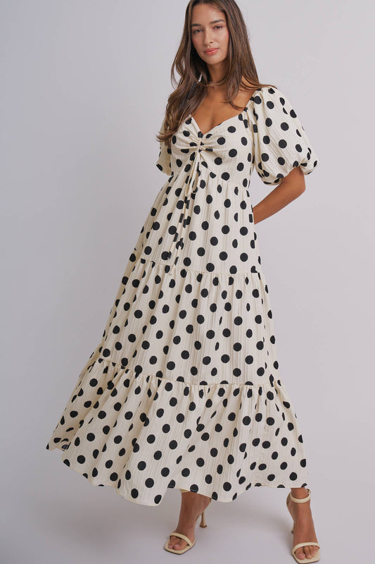 Polka Dot Tie-Front Puff Sleeve Maxi Dress