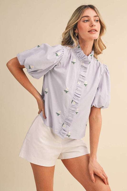 FLORAL EMBROIDERY STRIPED RUFFLED TOP