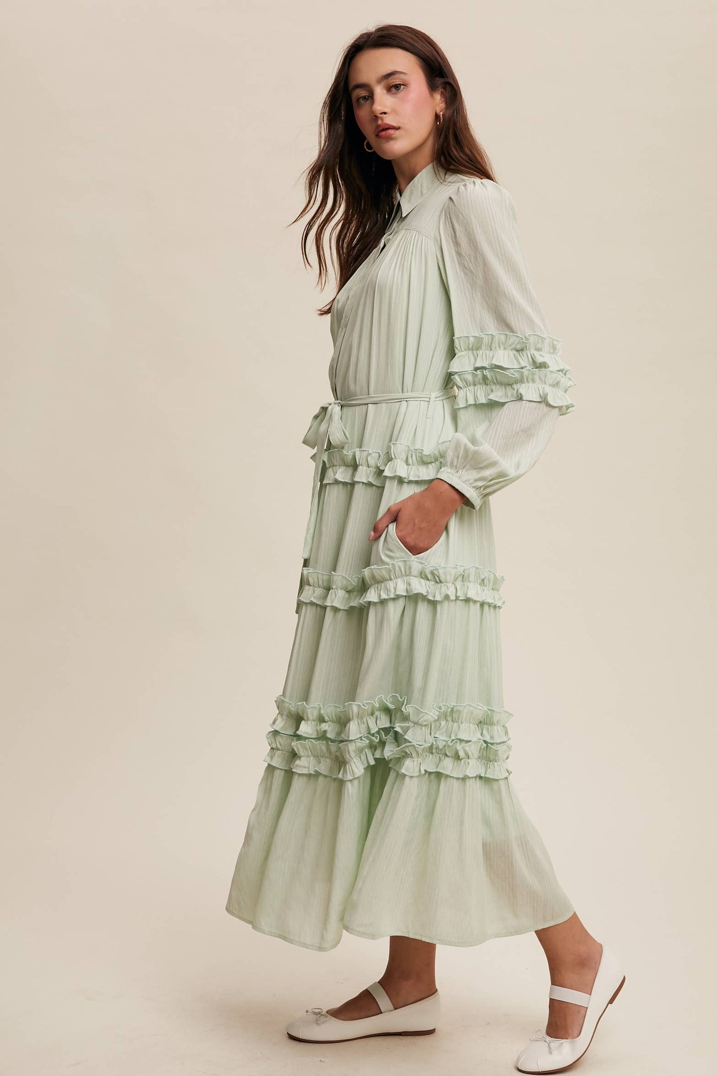 Ruffled Belted Maxi Shirt Dress