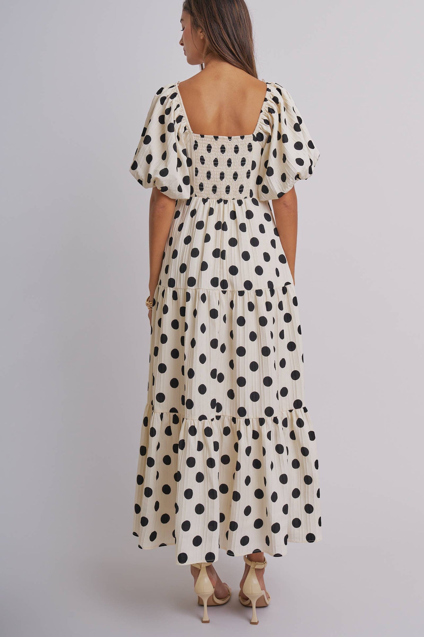 Textured Polka Dot Tie-Front Puff Sleeve Maxi Dress