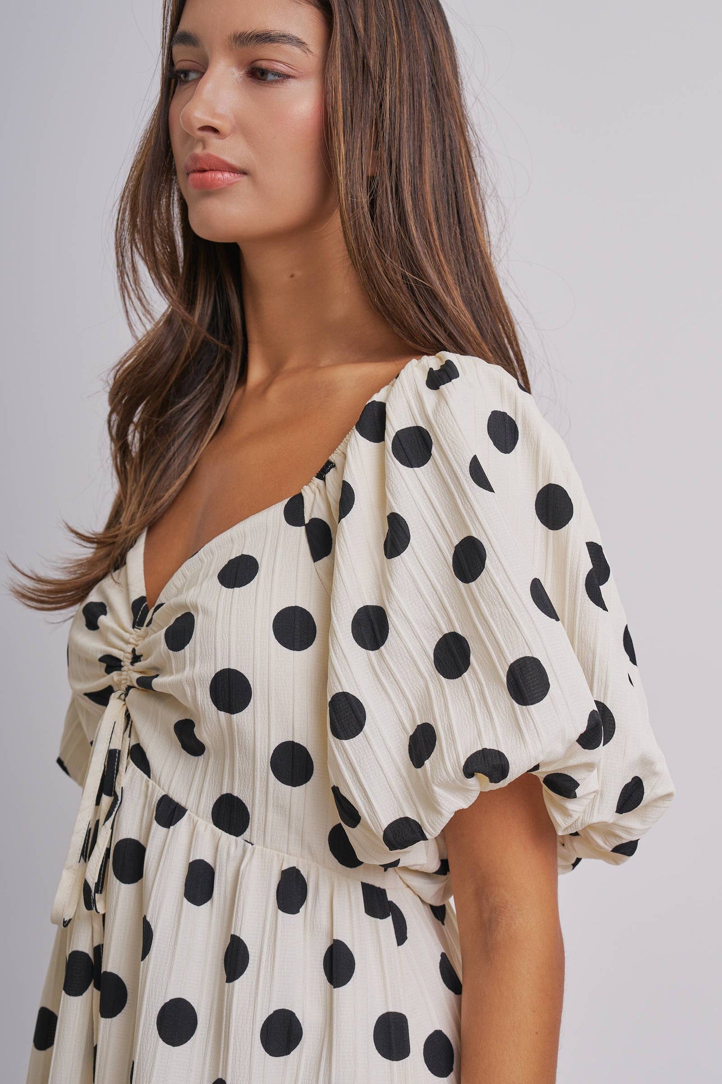 Textured Polka Dot Tie-Front Puff Sleeve Maxi Dress