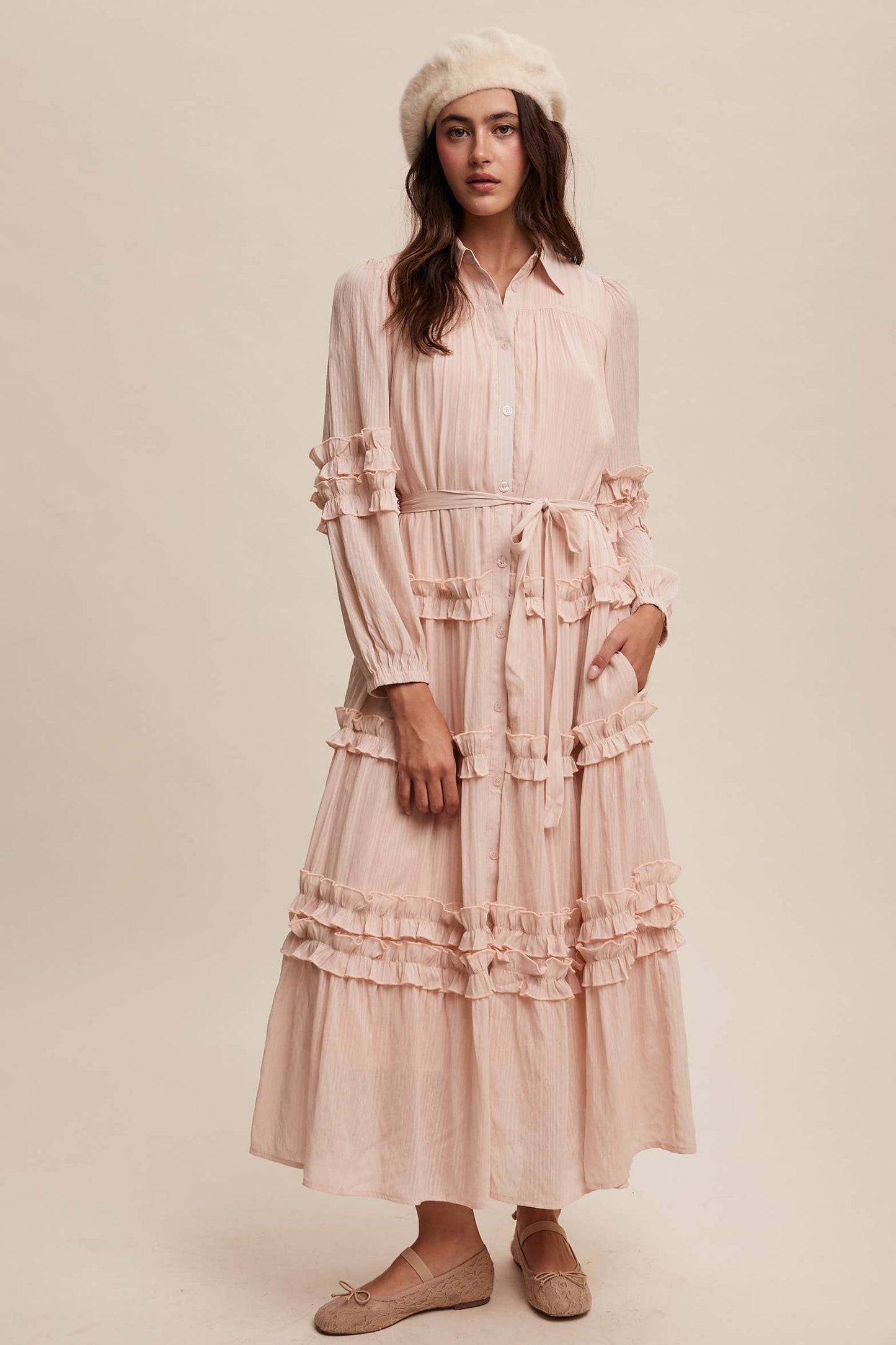 Ruffled Belted Maxi Shirt Dress