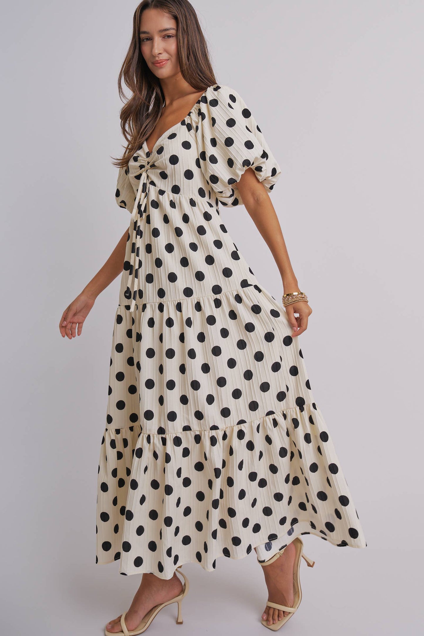 Textured Polka Dot Tie-Front Puff Sleeve Maxi Dress