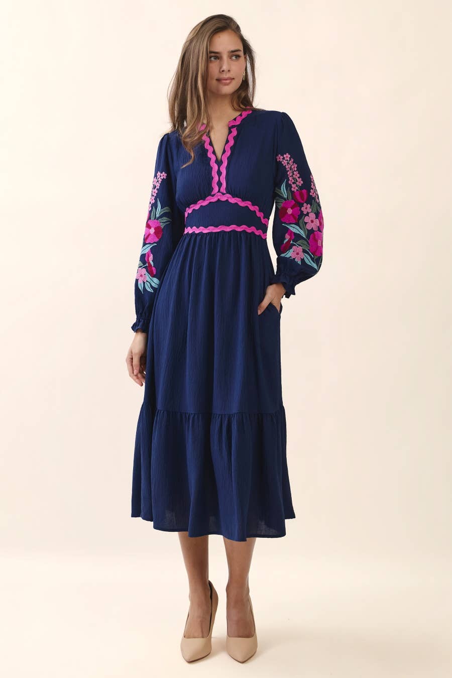 Plus Embroidered Tiered Midi Dress