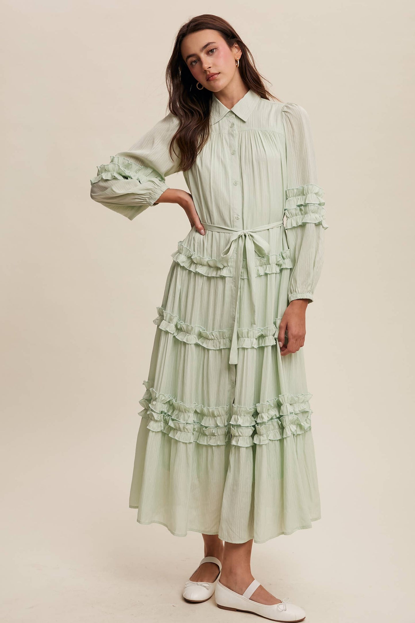 Ruffled Belted Maxi Shirt Dress