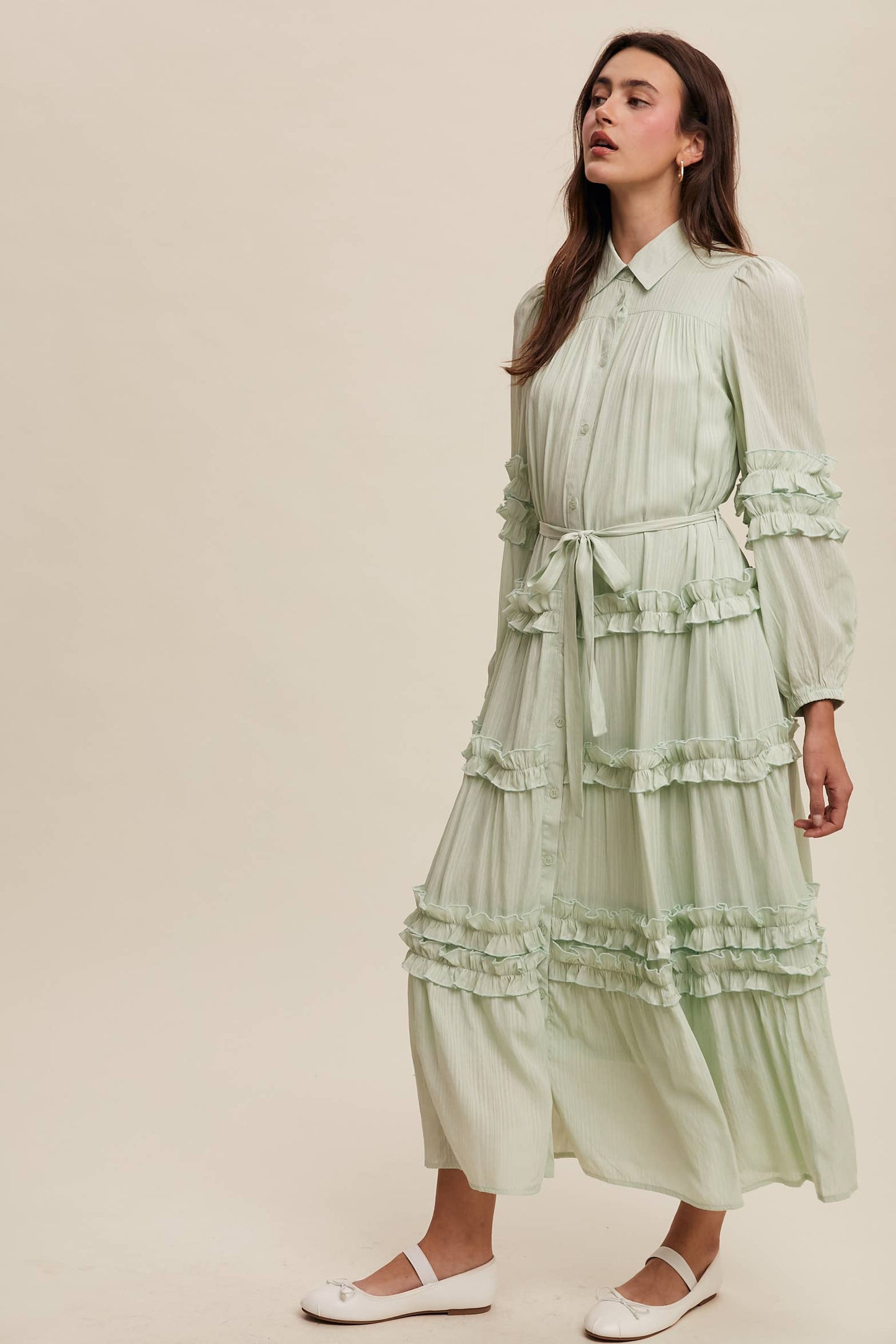 Ruffled Belted Maxi Shirt Dress