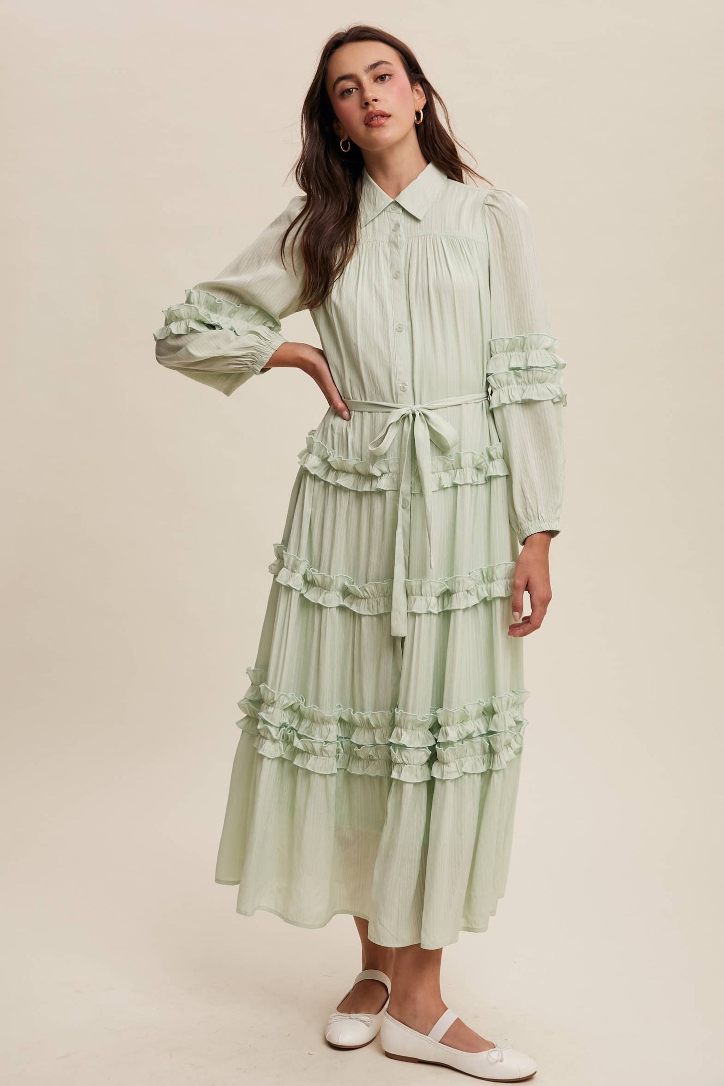 Ruffled Belted Maxi Shirt Dress