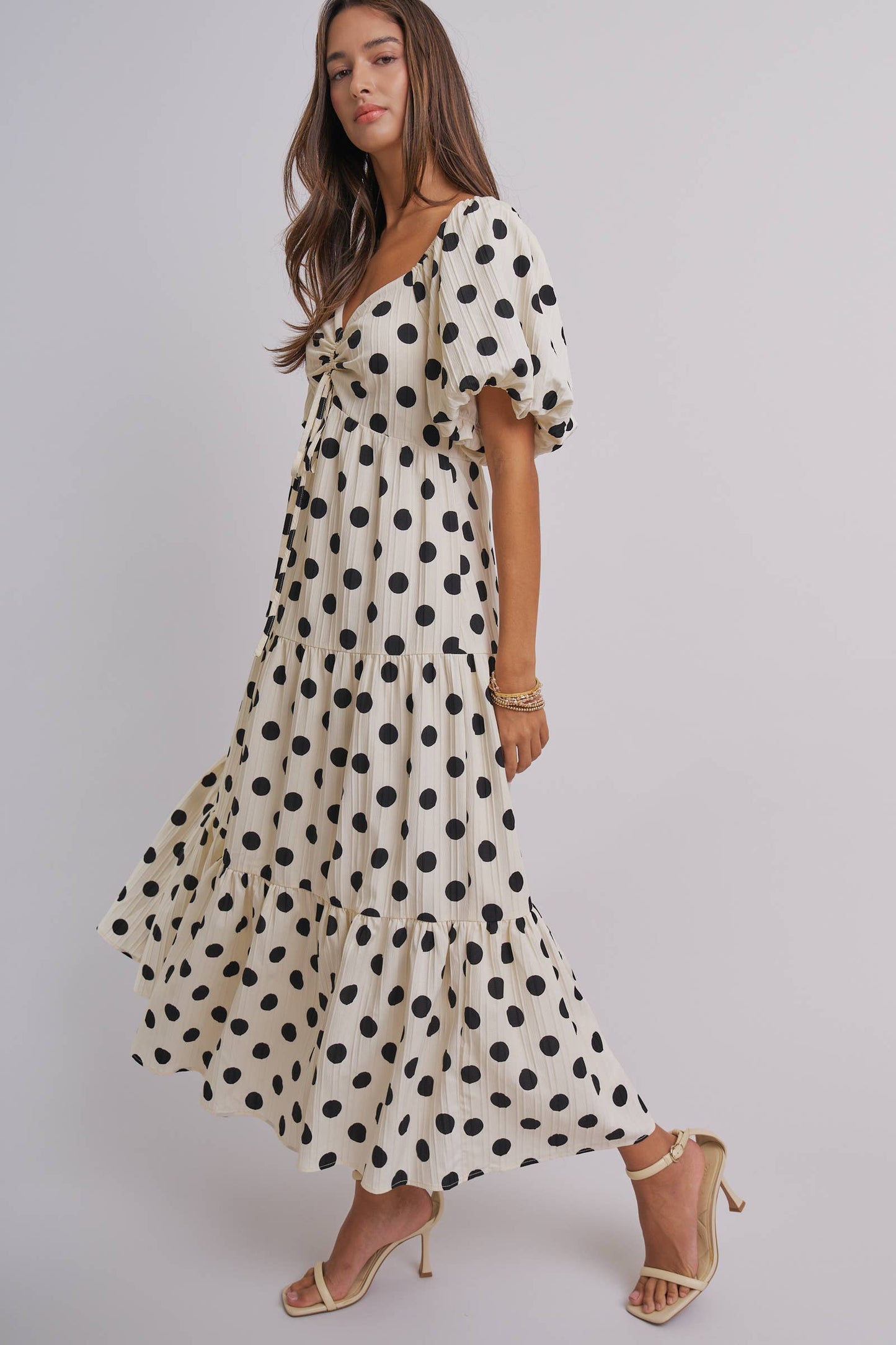 Textured Polka Dot Tie-Front Puff Sleeve Maxi Dress