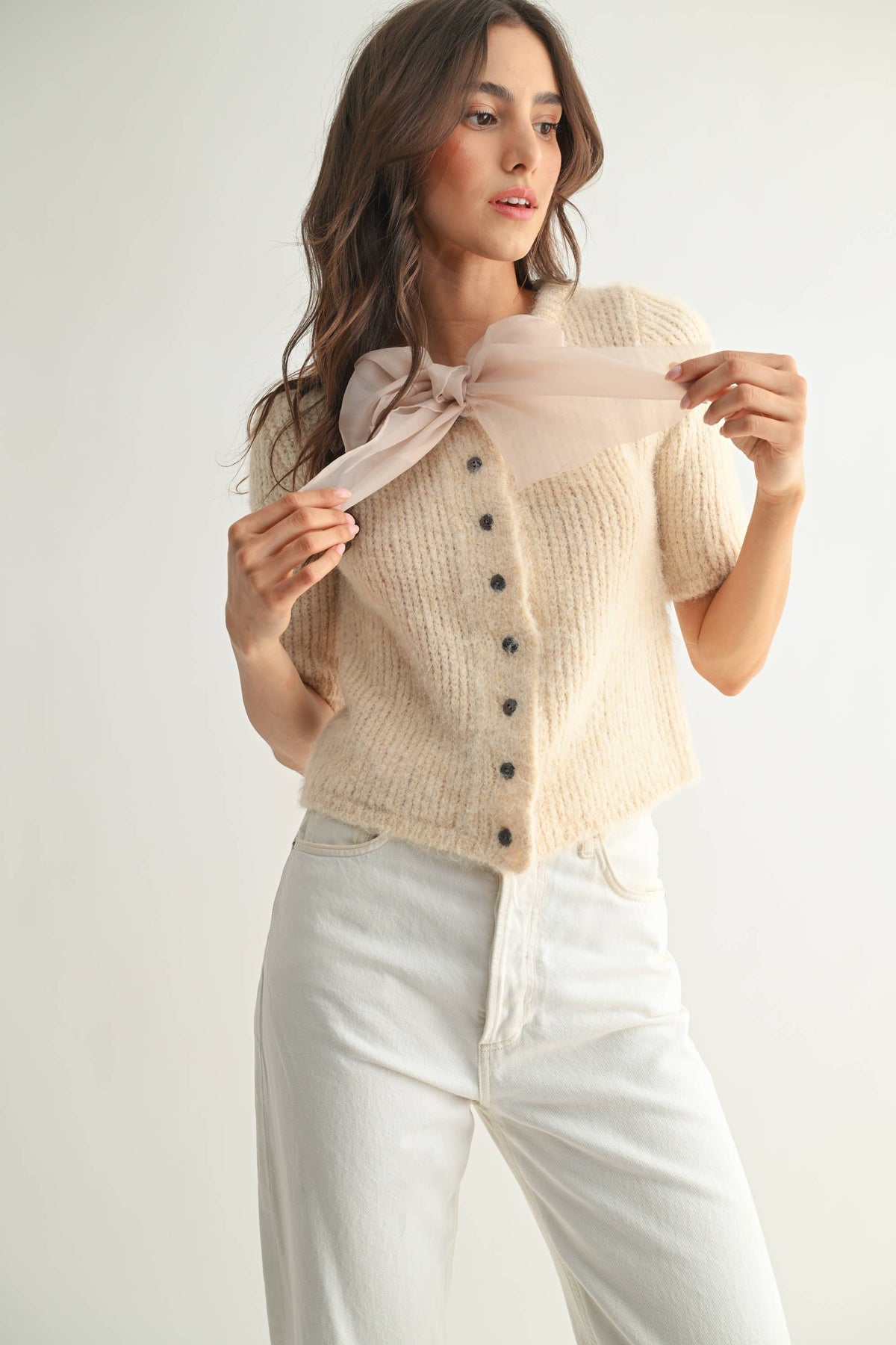 KNIT CARDIGAN WITH CHIFFON BOW