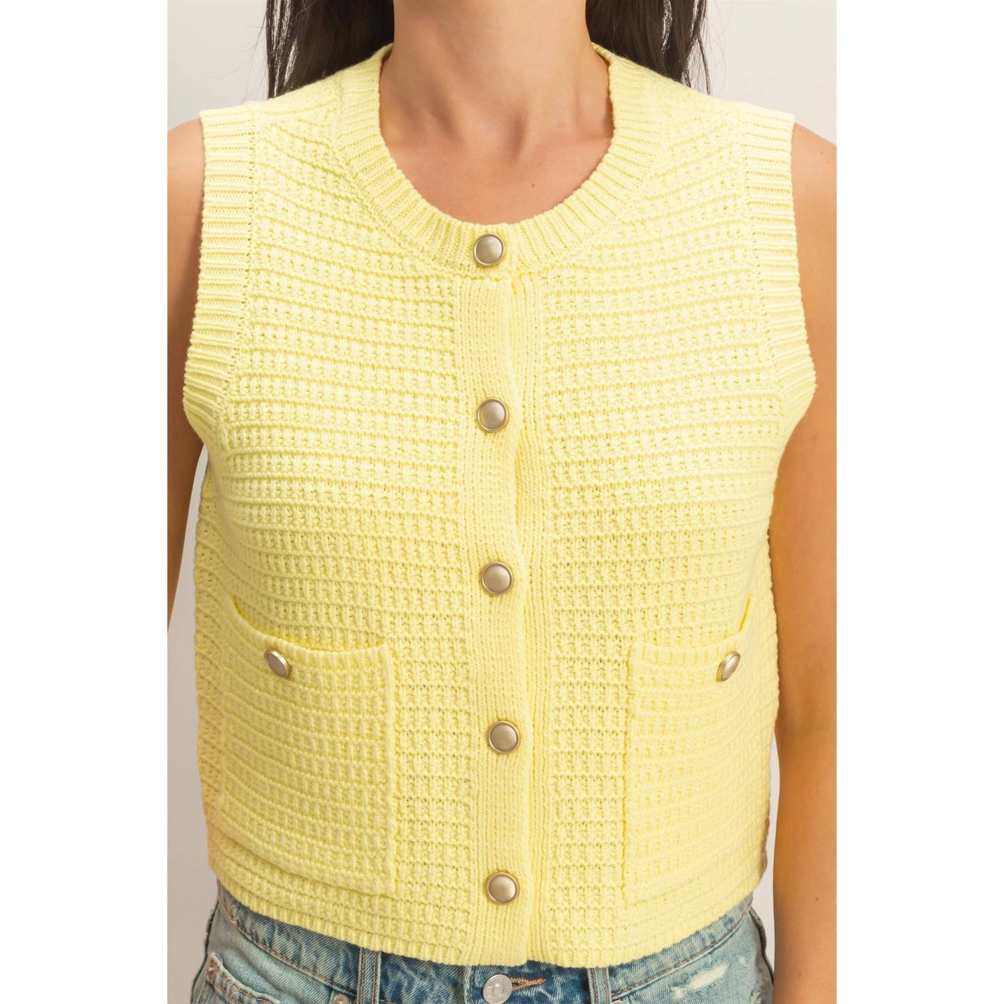 Knit Button-Front Vest With Pocket