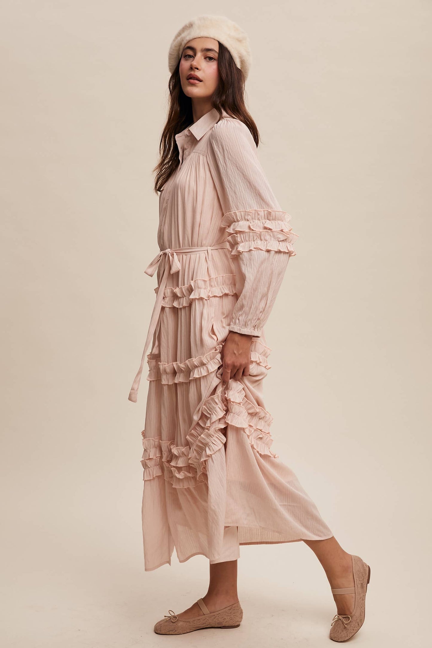 Ruffled Belted Maxi Shirt Dress