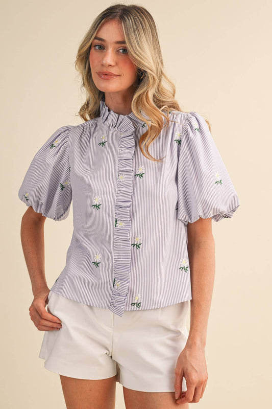 FLORAL EMBROIDERY STRIPED RUFFLED TOP
