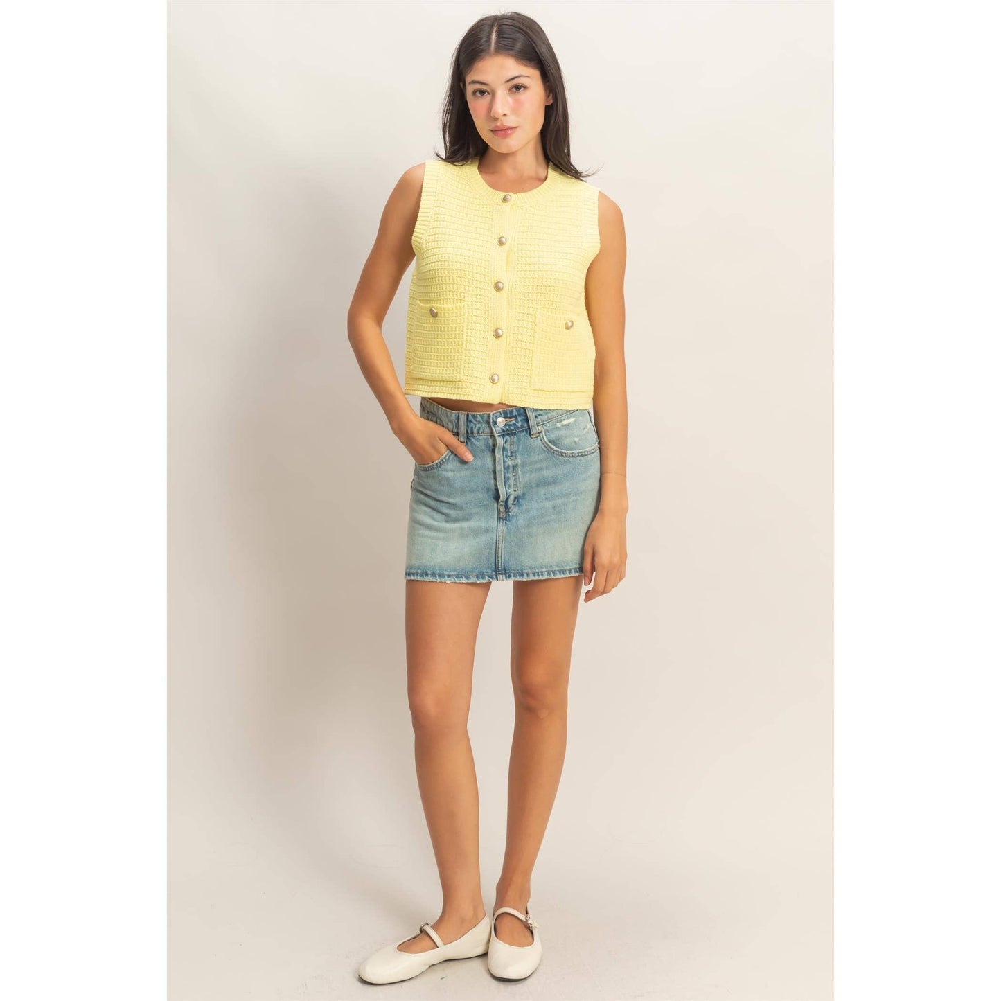 Knit Button-Front Vest With Pocket