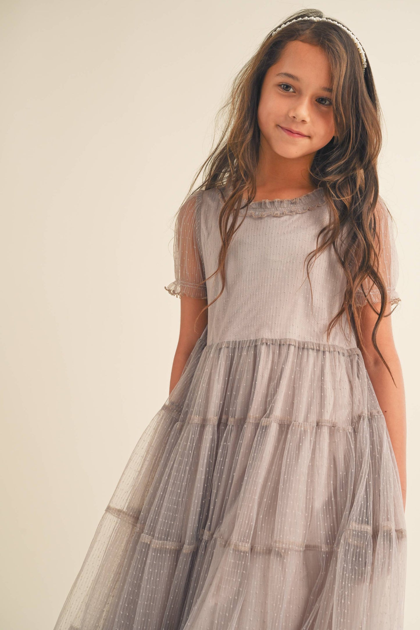 TWEEN GIRLS KIDS PUFF SLV TIERED MESH MIDI DRESS (7-12)