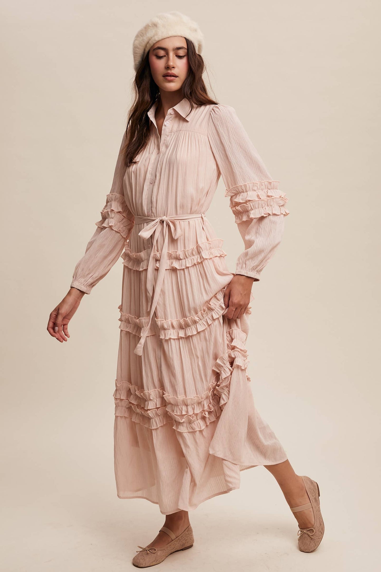 Ruffled Belted Maxi Shirt Dress