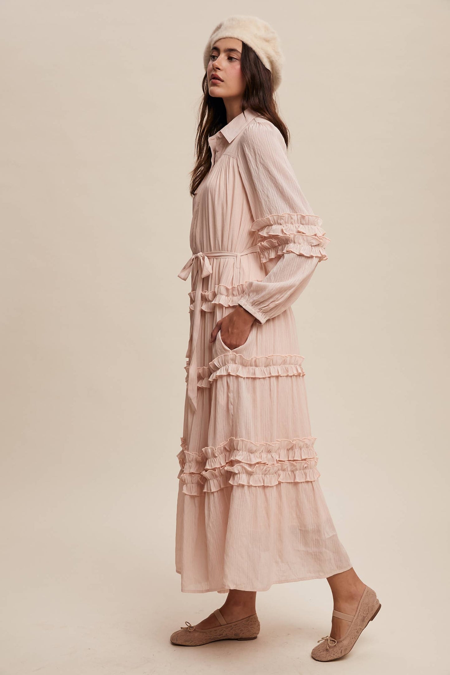 Ruffled Belted Maxi Shirt Dress