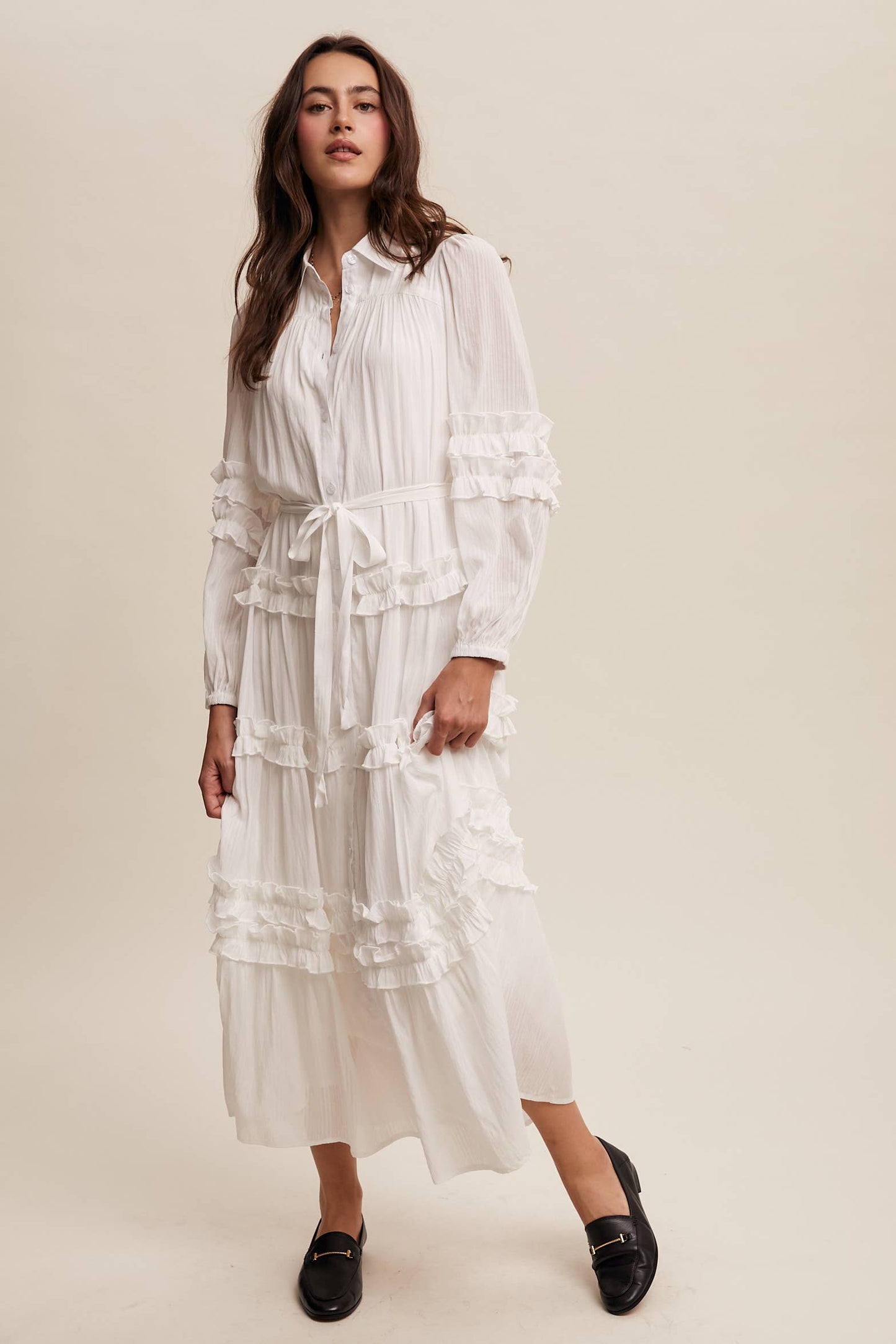 Ruffled Belted Maxi Shirt Dress