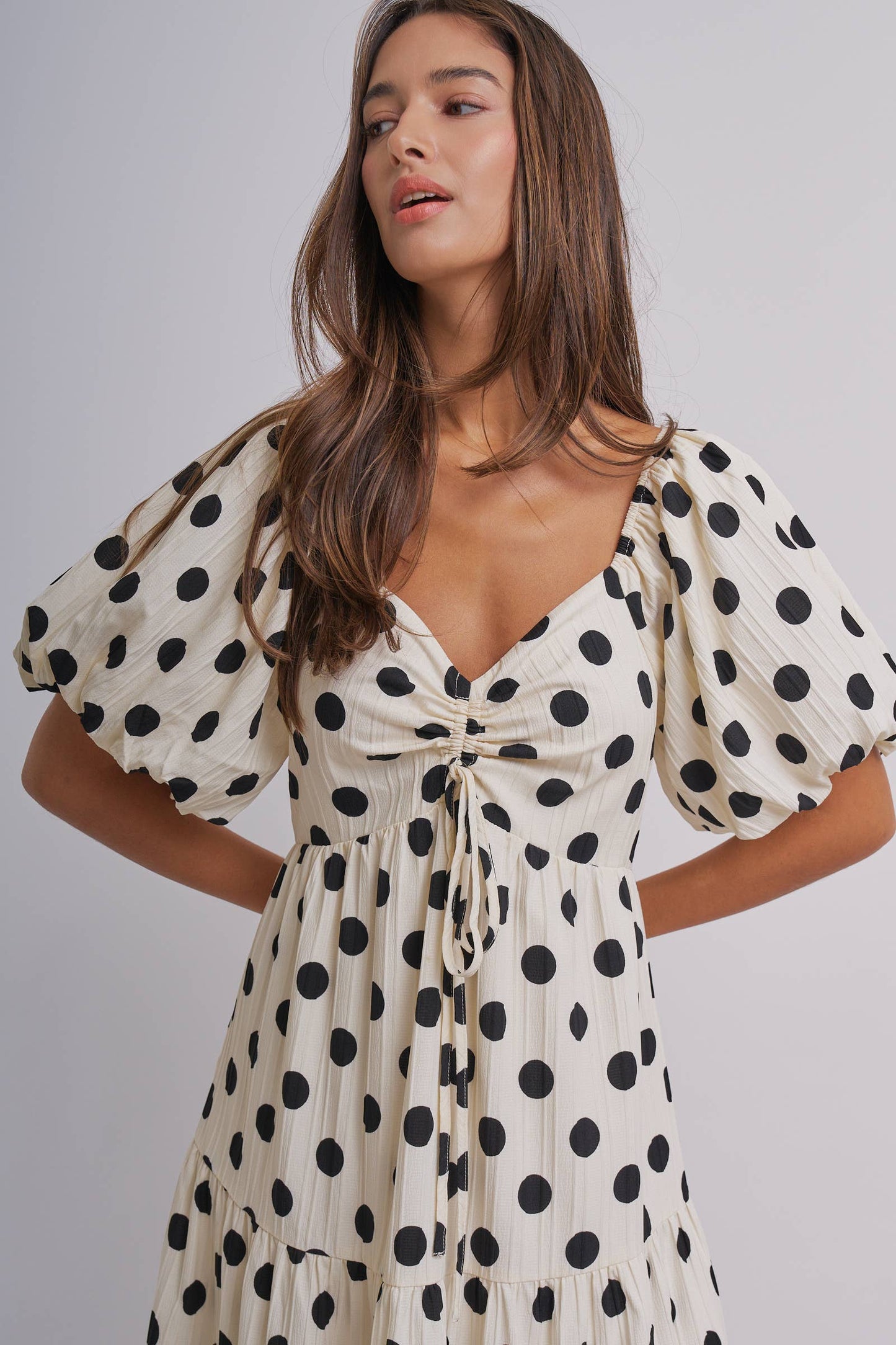 Textured Polka Dot Tie-Front Puff Sleeve Maxi Dress
